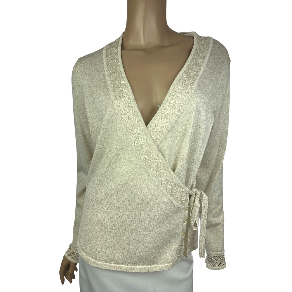 Apostrophe Size M Light Brown Wrap Sweater Gold Metallic Long Sleeves